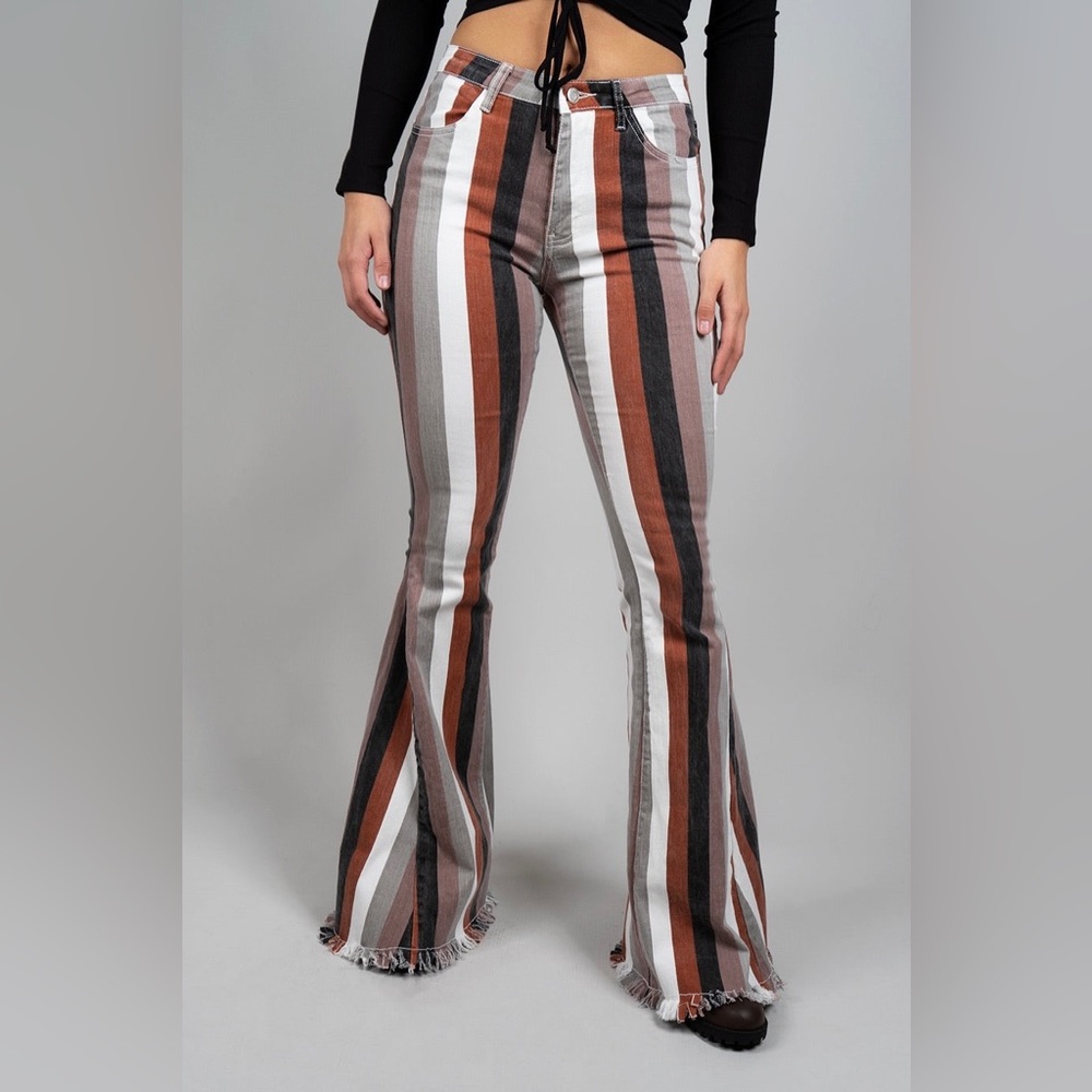 Saints and hearts bell bottom striped pants